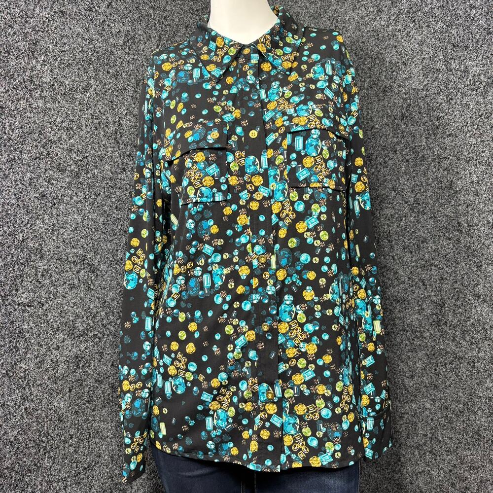 Ellen Tracy Maximalist Gem Jewel Button Blouse Small Casual Luxe Gold‎ Aqua Bold